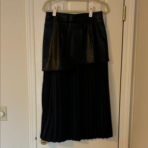 Black Faux Leather & Pleated Midi Skirt